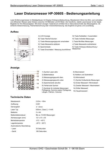 Bedienungsanleitung Laser-Entfernungsmesser HP ... - Komerci oHG