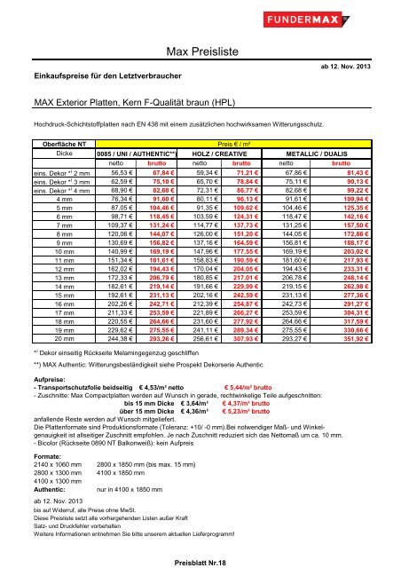 01 Fundermax Endverbraucherpreisliste 12 11 2... - Tschabrun