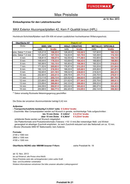 01 Fundermax Endverbraucherpreisliste 12 11 2... - Tschabrun