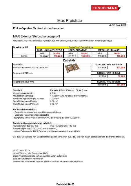 01 Fundermax Endverbraucherpreisliste 12 11 2... - Tschabrun