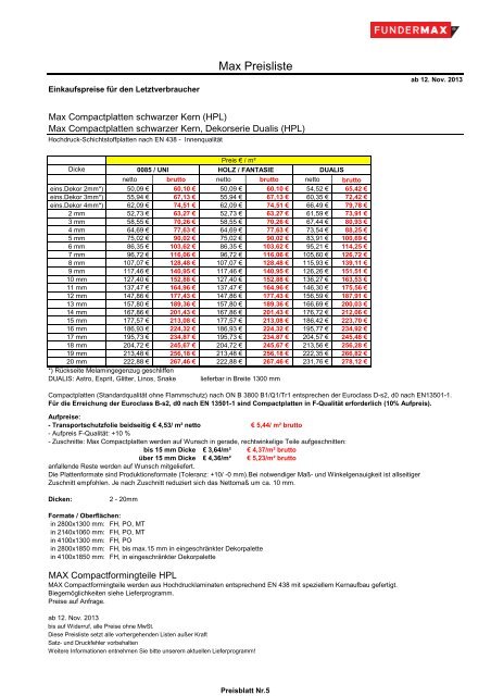 01 Fundermax Endverbraucherpreisliste 12 11 2... - Tschabrun