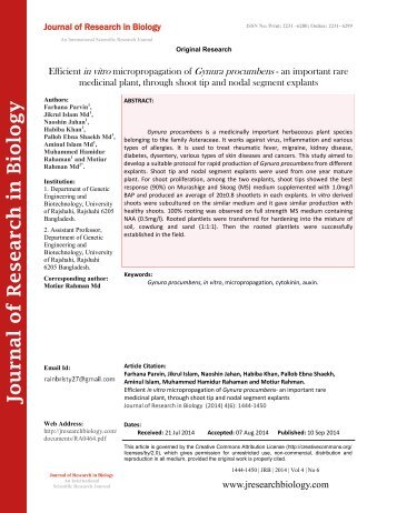 Efficient in vitro micropropagation of Gynura procumbens - an important rare medicinal plant, through shoot tip and nodal segment explants