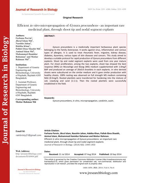 Efficient in vitro micropropagation of Gynura procumbens - an important rare medicinal plant, through shoot tip and nodal segment explants