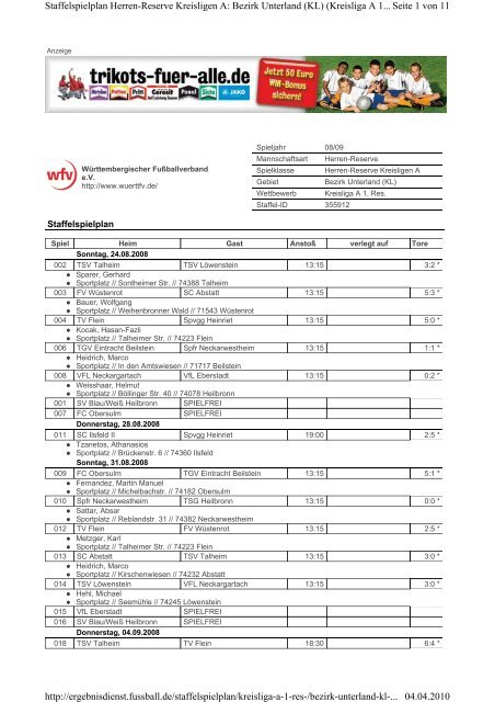 Seite 1 von 11 Staffelspielplan Herren-Reserve Kreisligen A: Bezirk ...