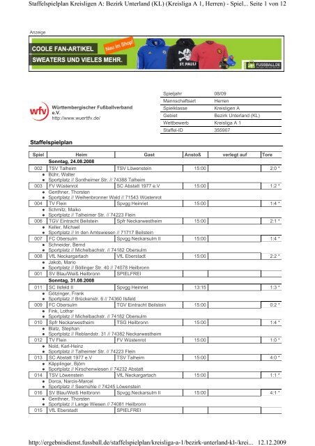 Seite 1 von 12 Staffelspielplan Kreisligen A: Bezirk Unterland (KL ...