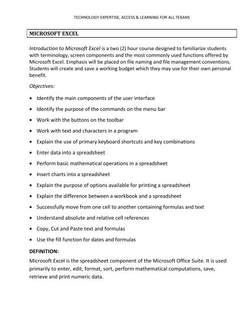 MICROSOFT EXCEL Objectives: Identify the main components of ...