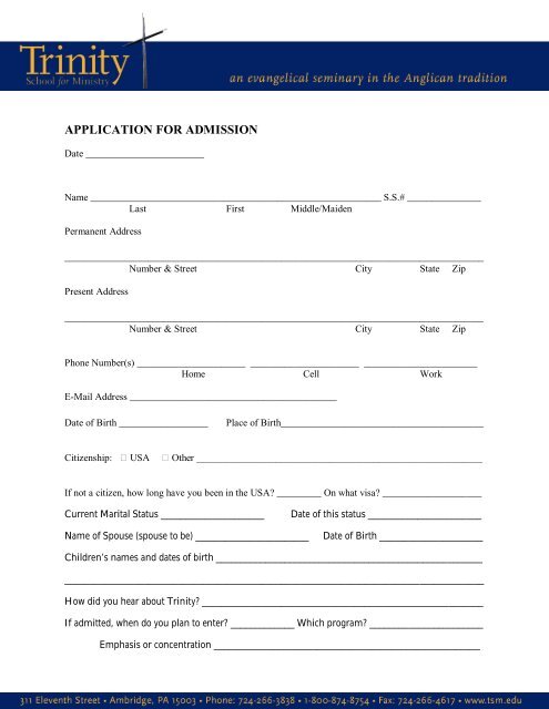 APPLICATION FOR ADMISSION - Trinity School for Ministry