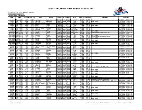 REVISED DECEMBER 11 NHL CENTER ICE SCHEDULE