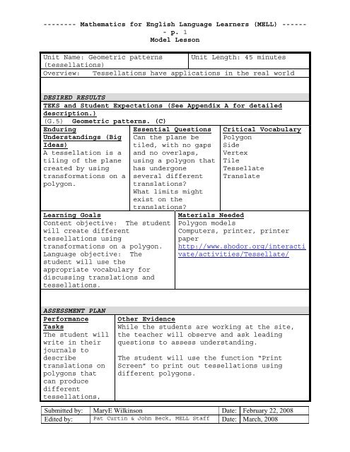 Geometric patterns - Mathematics for English Language Learners ...