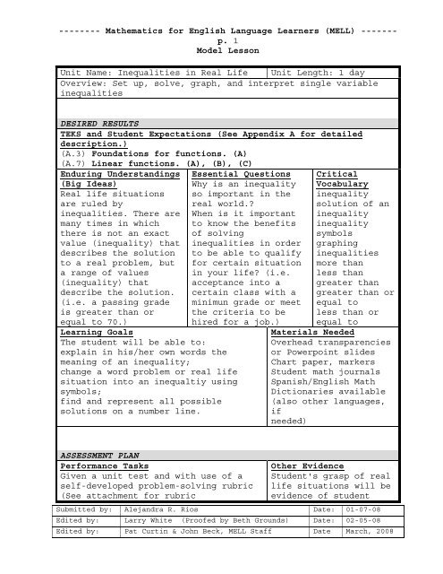 Inequalities in Real Life - Mathematics for English Language ...