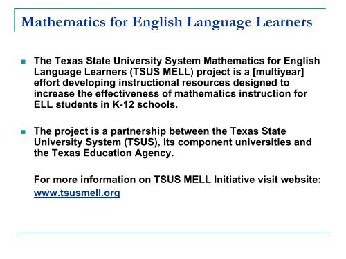 (LEP) Student Success Initiative - Mathematics for English ...