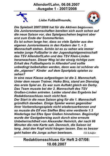 Redaktionsschluss fÃ¼r Heft 2-07/08: 10.08.2007 - TSV 05 Allendorf ...