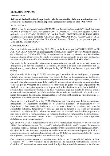 Decreto Nº 4/2010 - Ministerio de Defensa