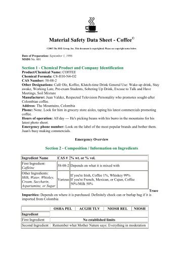 Material Safety Data Sheet - Coffee - CoffeeSnobs