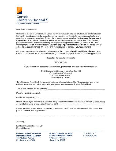 Packet for patients five years of age and older - Atlantic Health System