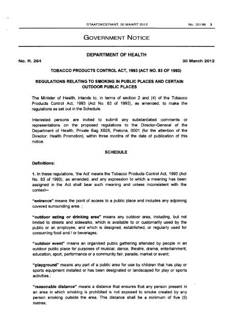 tobacco government regulations Smoking of tobacco products in public places