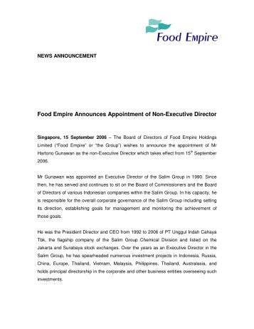 Food Empire Announces Appointment of Non-Executive Director