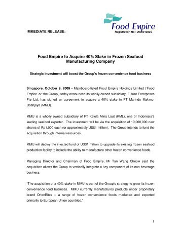 Food Empire to Acquire 40% Stake in Frozen Seafood ...