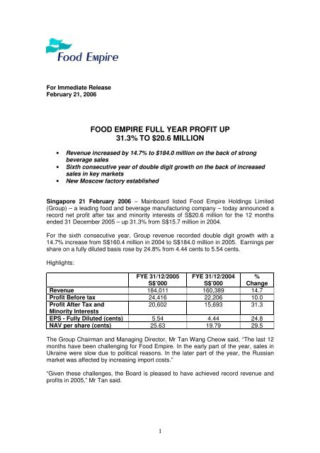 Press Release (65 KB) - Food Empire Holdings Limited