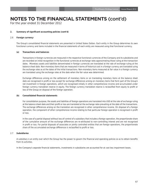 notes to the financial statements - Food Empire Holdings Limited