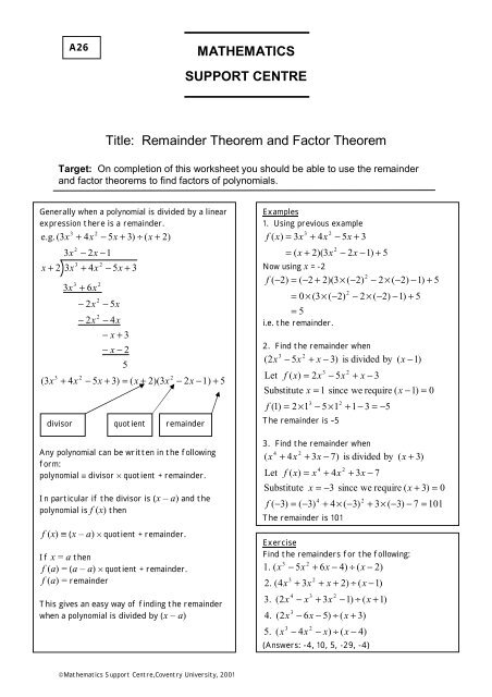 Remainder Theorem and Factor Theorem
