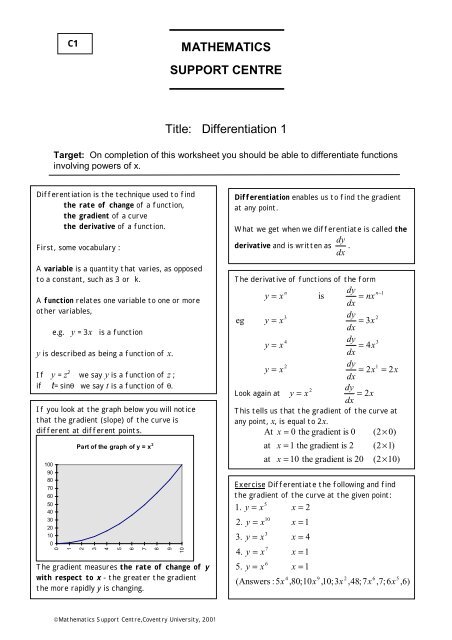 Mathematics Support Centre Title Differentiation 1 Mathematics Support Centre Title Differentiation 1