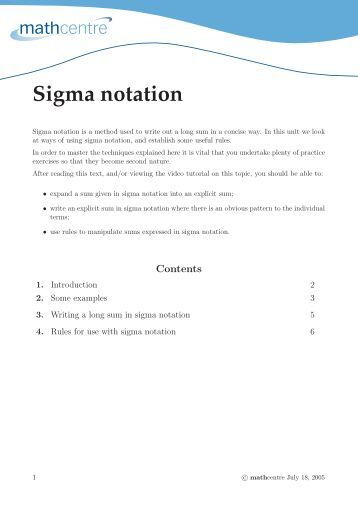 Worksheets Sigma Notation Worksheet worksheet 4 6 sigma notation mathcentre