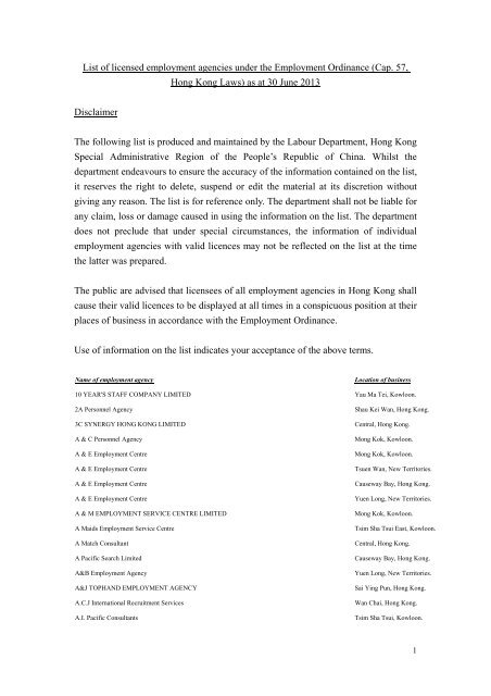 The List Of Employment Agencies With Valid Licences As At 31 March
