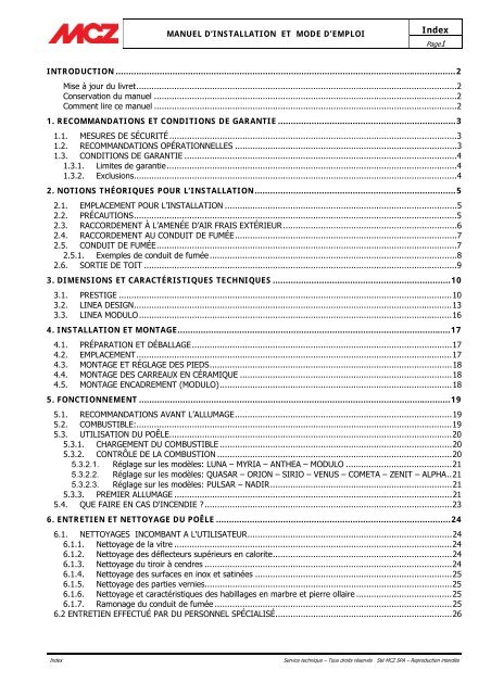MANUEL D'INSTALLATION ET MODE D'EMPLOI ... - MCZ