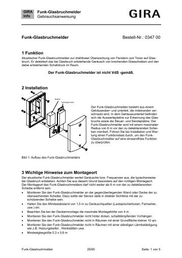 Funk-Glasbruchmelder Bestell-Nr.: 0347 00 1 ... - Download - Gira