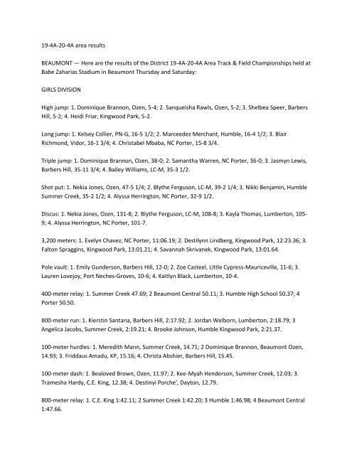 19-4A-20-4A area results BEAUMONT â Here are the results of the ...