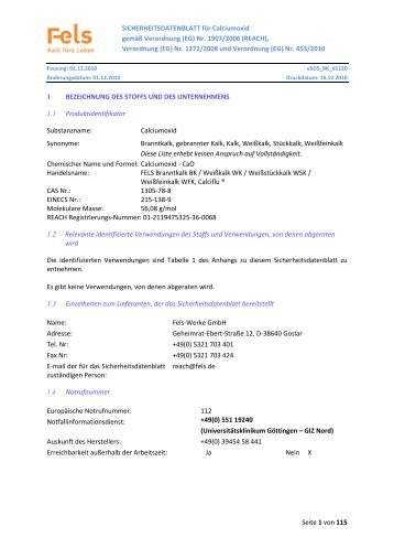 Sicherheitsdatenblatt Calciumoxid / Branntkalk - Fels