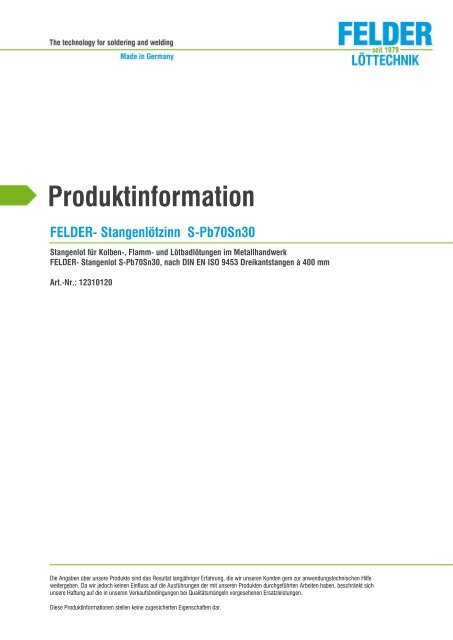Produktinformation FELDER- Stangenlötzinn S-Pb70Sn30