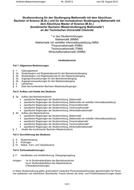 Studienordnung für den Studiengang Mathematik mit ... - TU Chemnitz