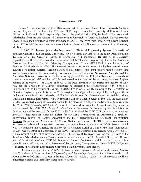 1 Petros Ioannou CV Petros A. Ioannou received the B.Sc. degree ...