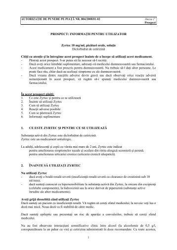 PROSPECT: INFORMAŢII PENTRU UTILIZATOR Zyrtec 10 mg/ml ...