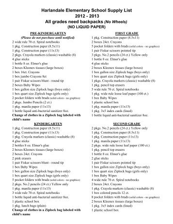 Harlandale Elementary School Supply List 2012 - 2013 All grades ...