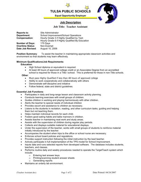 Job Title: Teacher Assistant - Tulsa Public Schools