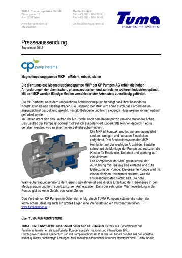 Dichtungslose Magnetkupplungspumpe von CP - Tuma ...