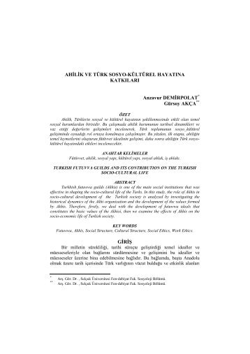 Ahilik ve Türk Sosyo-Kültürel Hayatına Katkıları - Selçuk Üniversitesi
