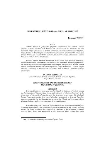 Ermeni Meselesinin Ortaya Çıkışı ve Mahiyeti - Selçuk Üniversitesi