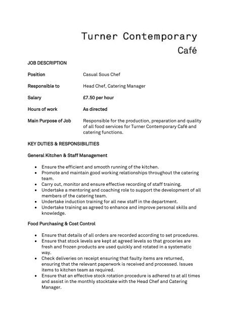 JOB DESCRIPTION Position Casual Sous Chef Responsible to ...