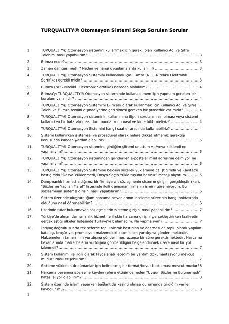 TURQUALITYÂ® Otomasyon Sistemi SÄ±kÃ§a Sorulan Sorular