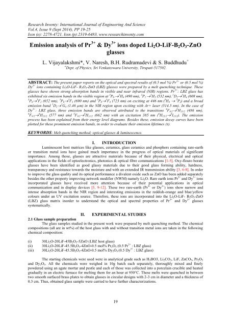 Emission Analysis Of Pr Dy Ions Doped Li O Lif B O Zno Glasses