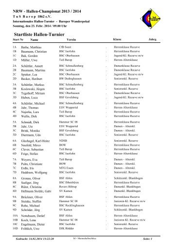 Startliste Hallen-Turnier - TuS Barop
