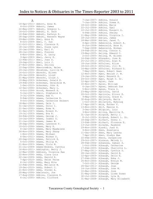 Index to Notices & Obituaries in The Times-Reporter 2003 to 2011