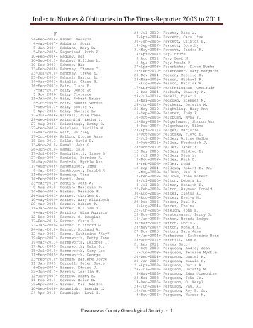 Index to Notices & Obituaries in The Times-Reporter 2003 to 2011