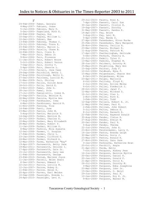 Index to Notices & Obituaries in The Times-Reporter 2003 to 2011