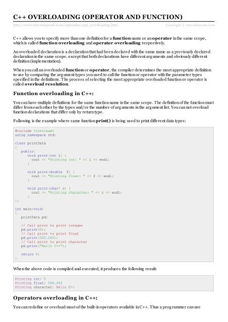 C++ Overloading (Operator and Function) - Tutorialspoint - Function  Overloading in C++ You can have - Studocu