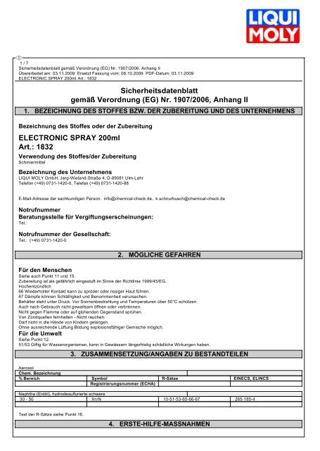 Sicherheitsdatenblatt gemÃ¤Ã Verordnung (EG) Nr. 1907/2006 ...